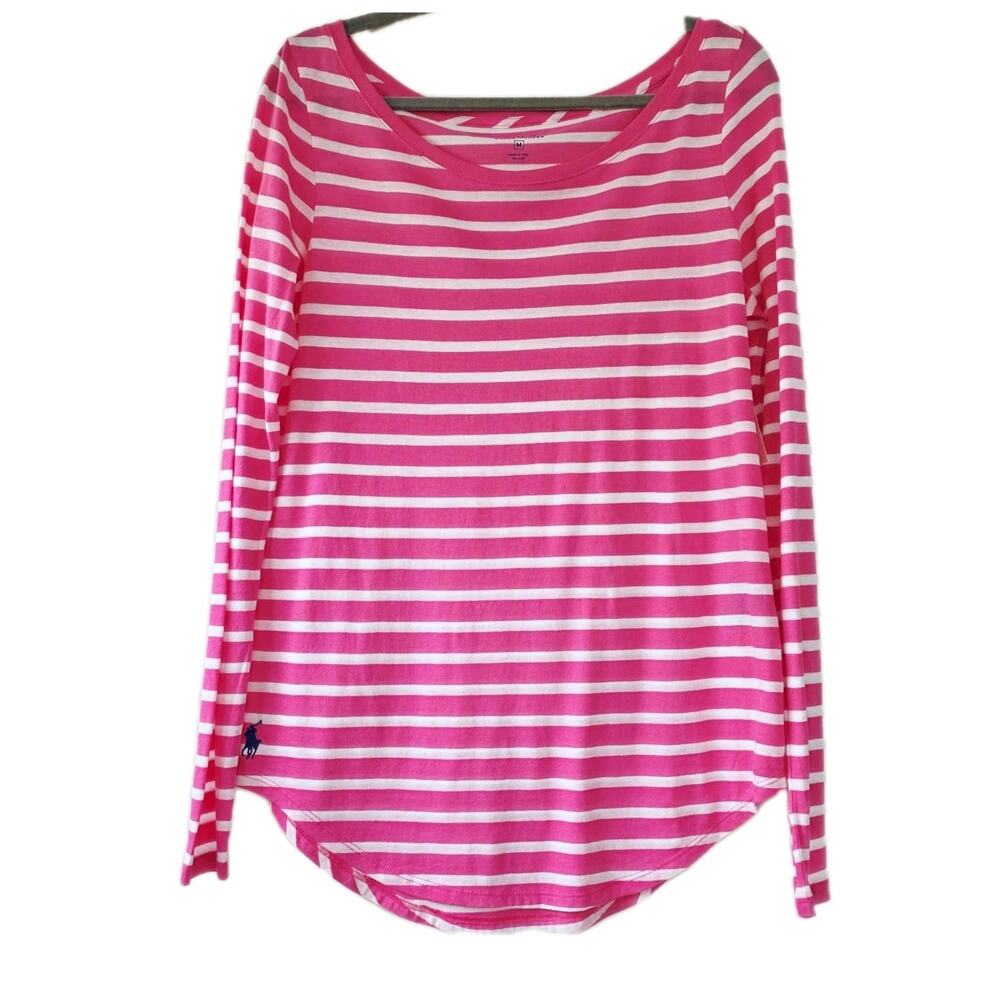 Polo Ralph Lauren Top Size M Stripe White Pink Long Sleeve Cotton NWT Embroidery